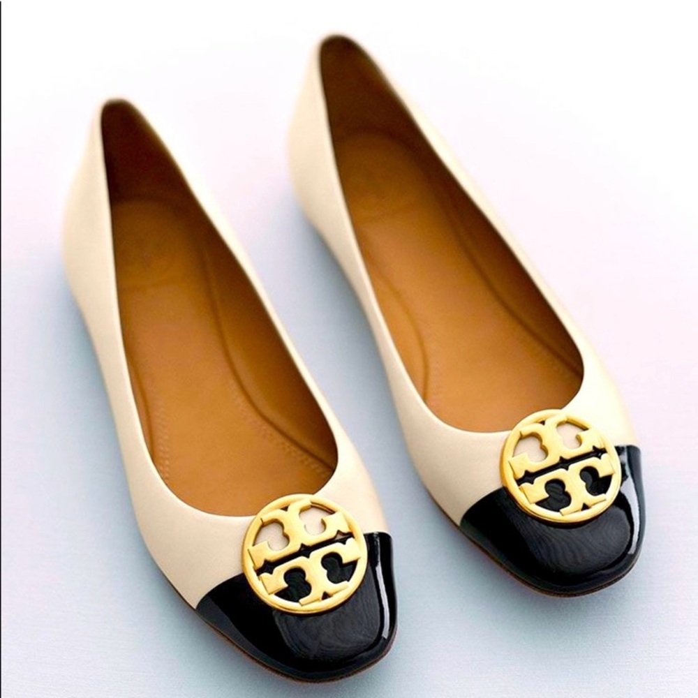 TORY BURCH CHELSEA CAP TOE BALLET FLATS BEIGE/BLACK Size 37.5